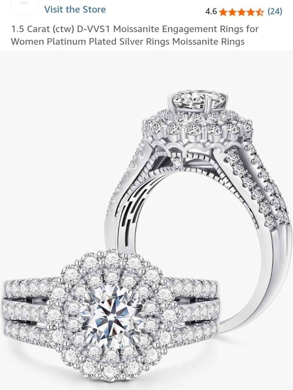Platinum-Plated Halo Moissanite Engagement Ring - White